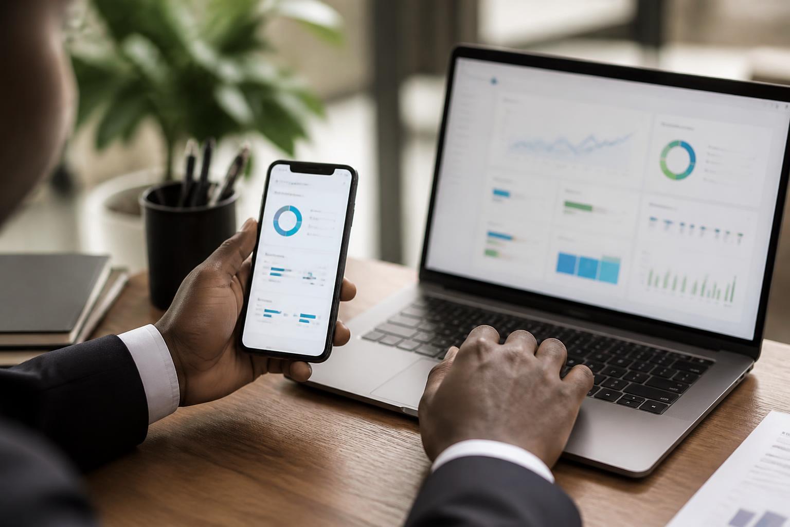 Dirigeant utilisant un outil de gestion d’entreprise sur ordinateur portable et smartphone